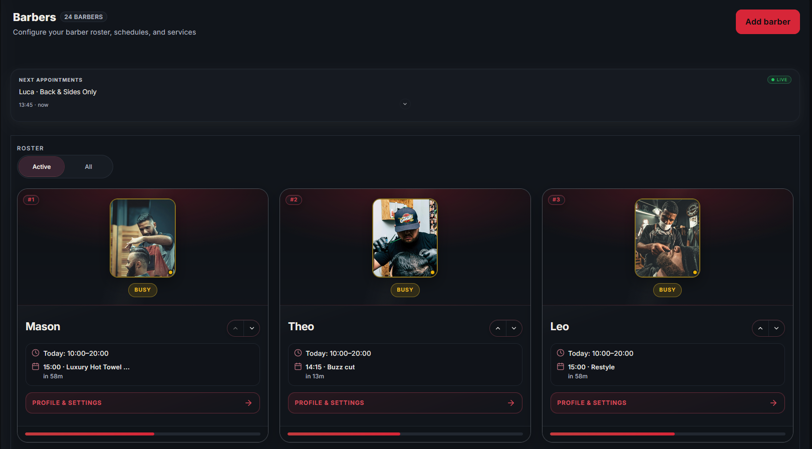 Signed-in admin — barber roster, hours and assignments