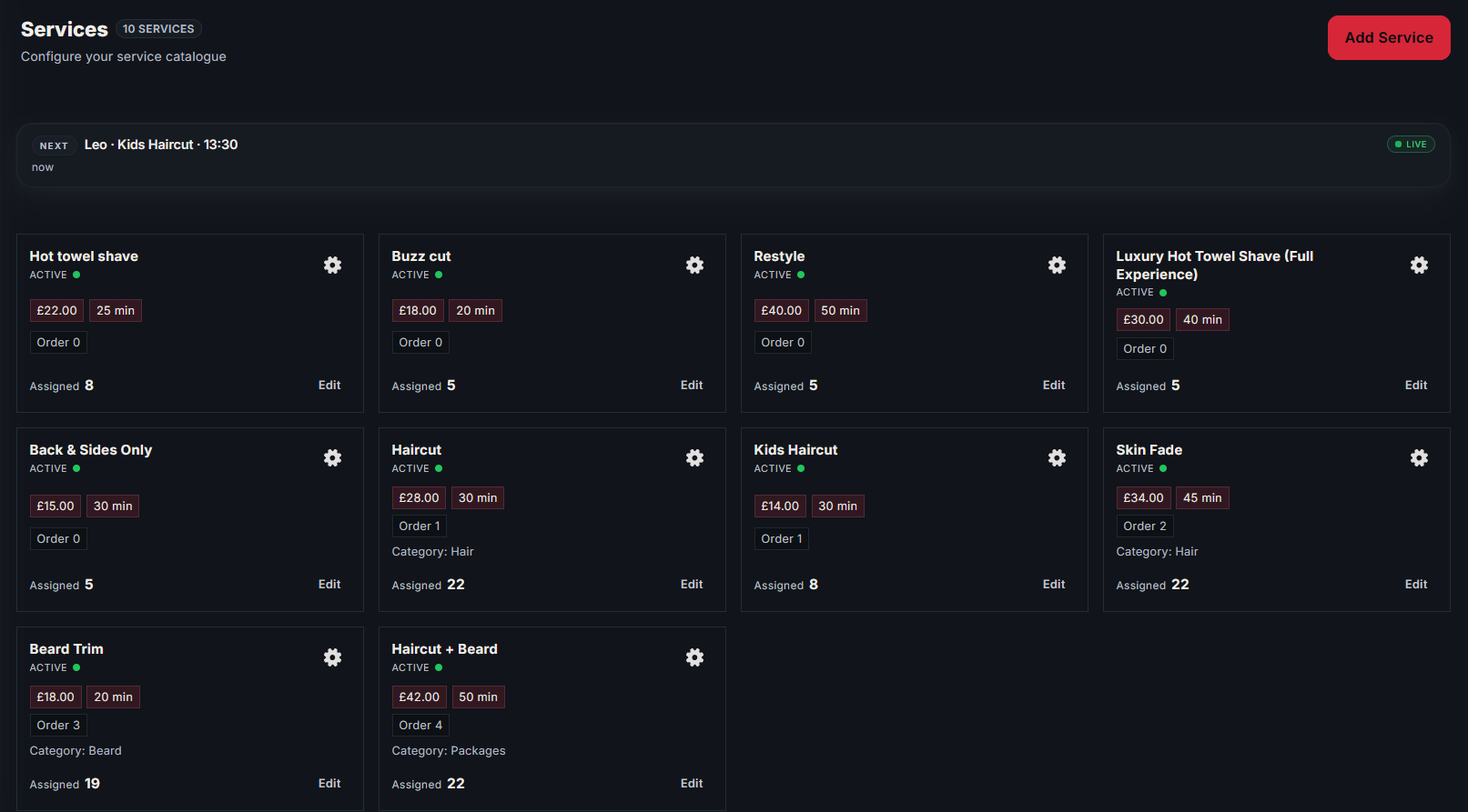Signed-in admin — services, prices and durations