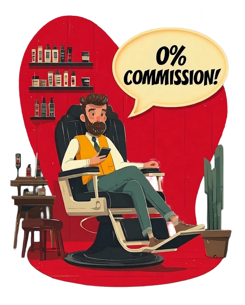 Barber in chair on his phone — speech bubble reads 0% commission!