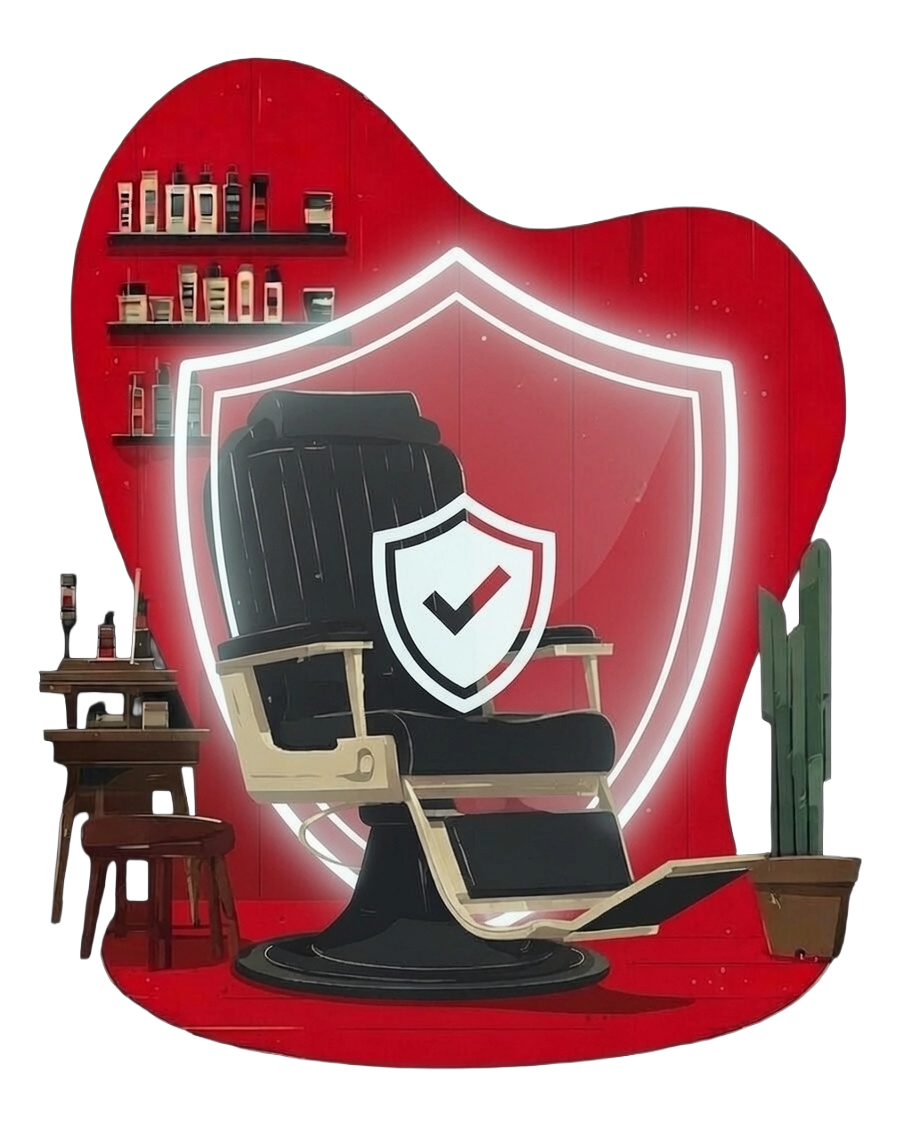 Barber chair with shield icons — no-show protection keeps your schedule safe