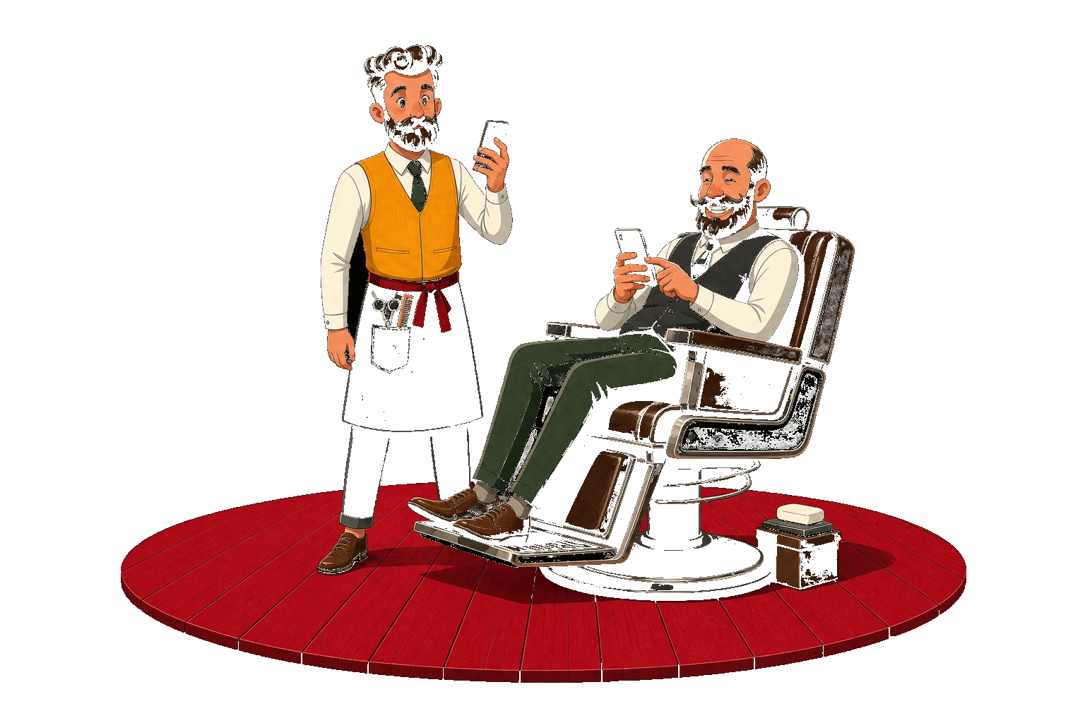 Client in the barber chair on their phone — easy booking in a few taps
