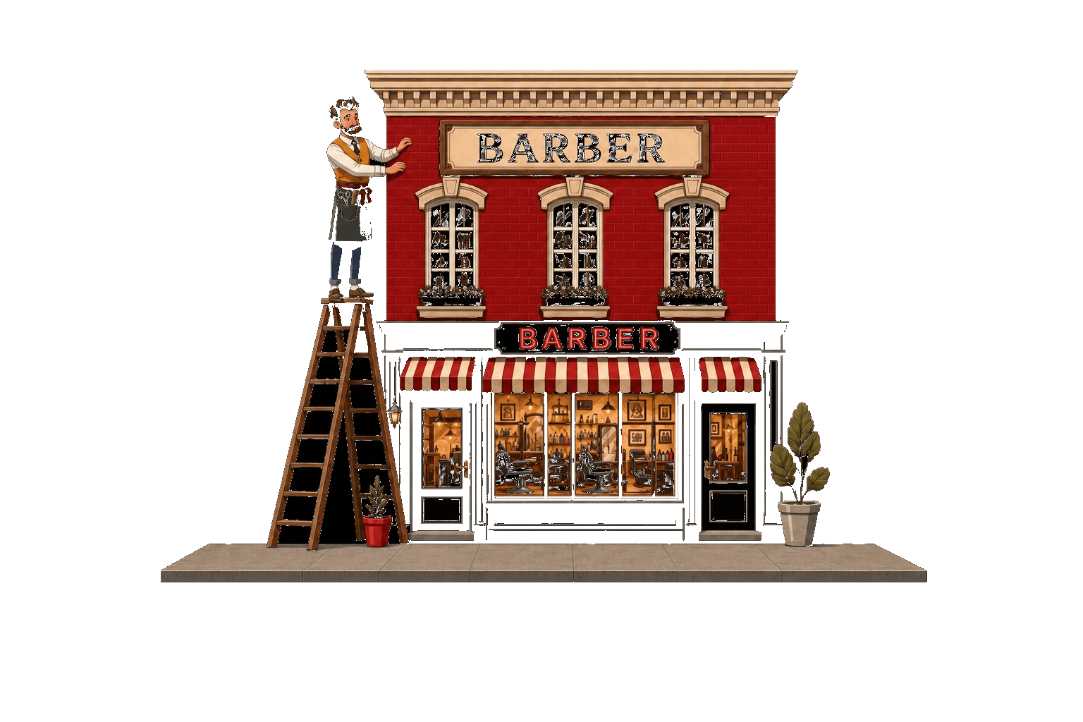 Barber on a ladder outside his barbershop — BARBER sign mounted on the building