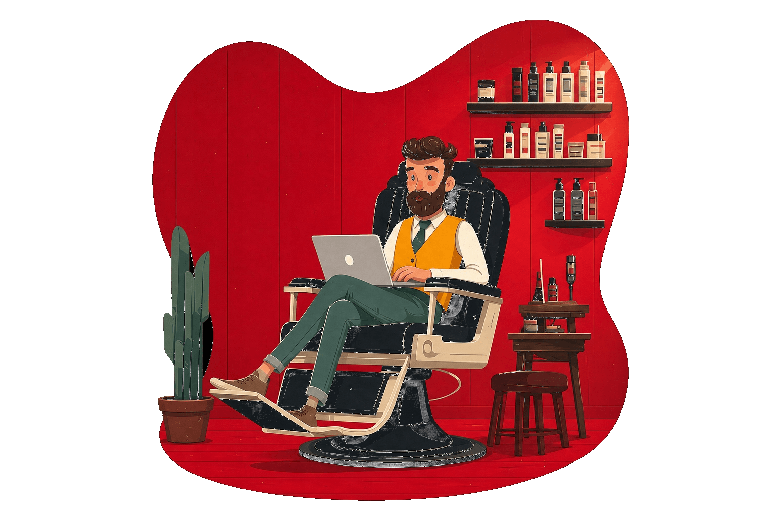 Barber in the chair on his laptop — running his shop online from the chair